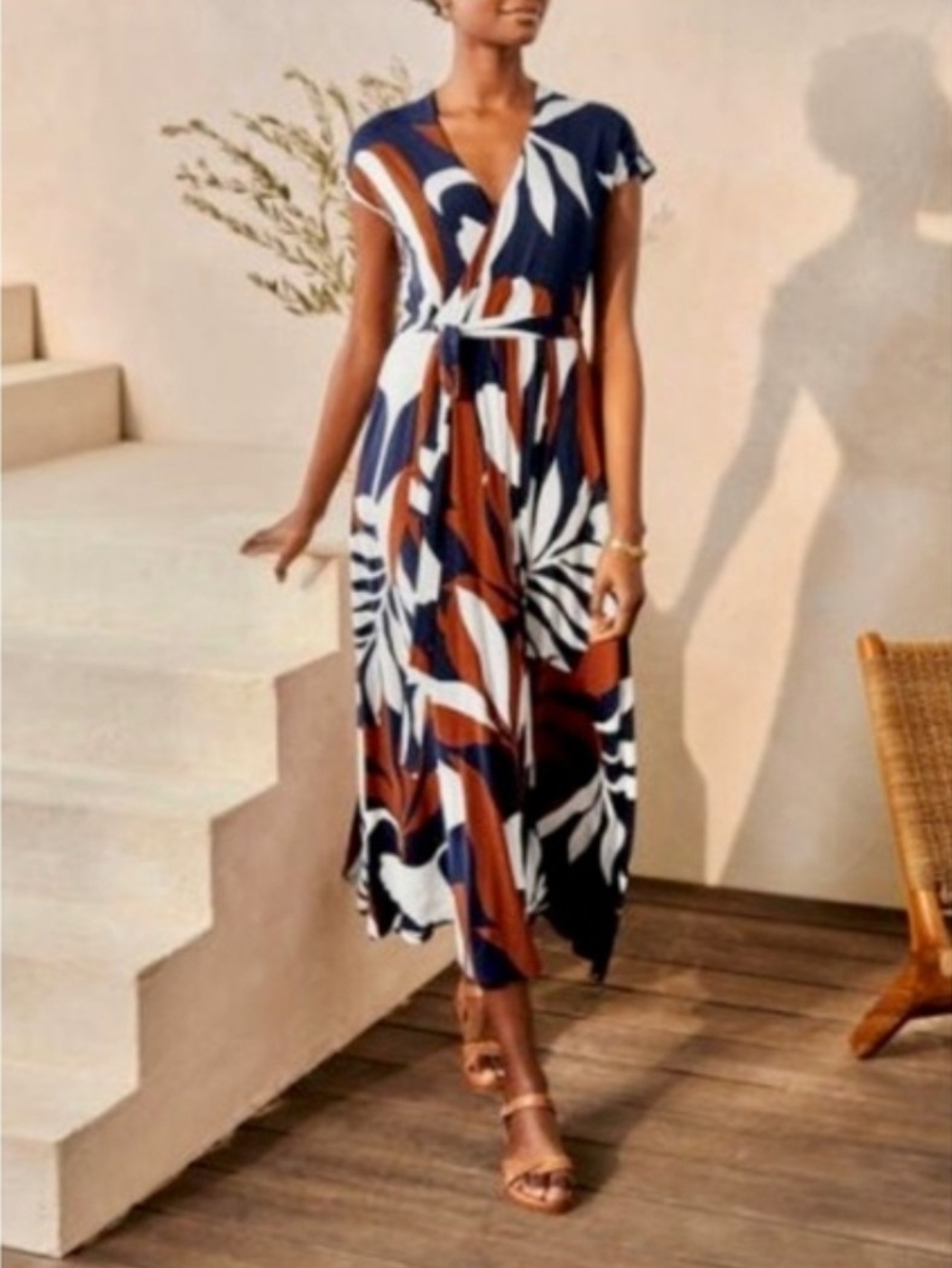 Boden Navy, Rust & White Faux Wrap Midi Dress - Size 16/18R